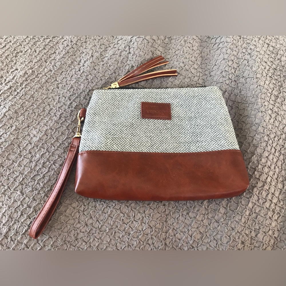 Brown, cream and grey zip Funky Monkey up clutch.
